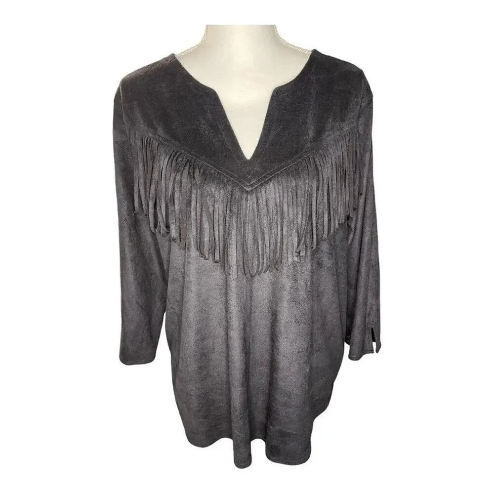Express‎ Women’s Large Black Faux Suede V-Neck Fringed Top